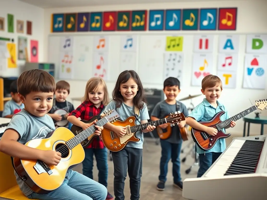 A photo of BANDA DE LIMOS members conducting a music workshop for children, teaching them about different instruments and musical styles.