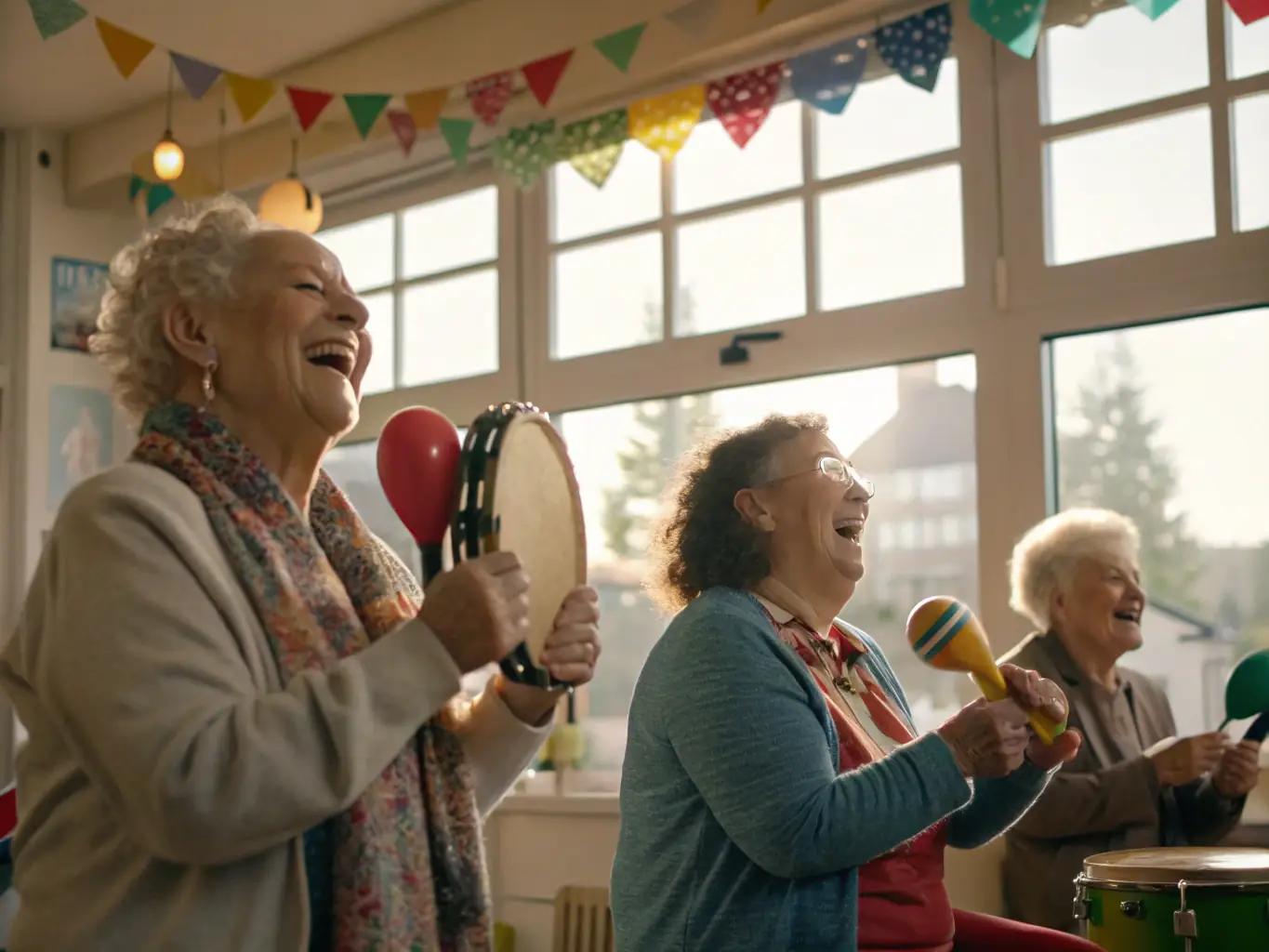A heartwarming photo of BANDA DE LIMOS members collaborating with elderly residents at a nursing home, playing familiar tunes and engaging in sing-alongs, demonstrating the band's dedication to using music for therapeutic and social benefits.
