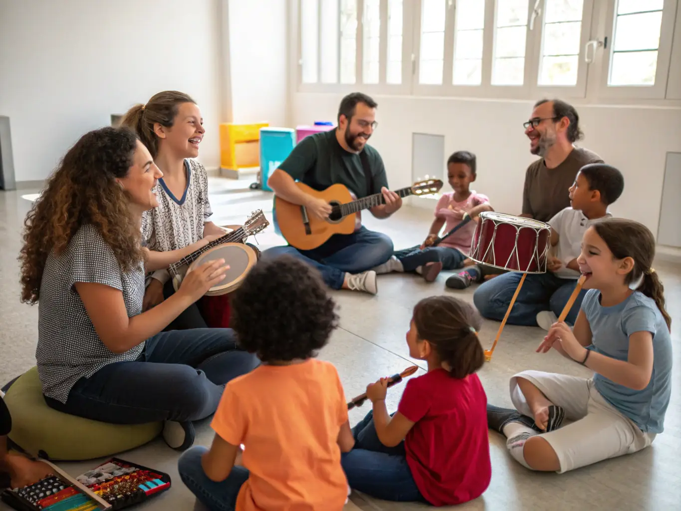A vibrant photograph capturing a BANDA DE LIMOS workshop in progress, with children and adults actively participating in a drumming session, showcasing the band's commitment to music education and community engagement.