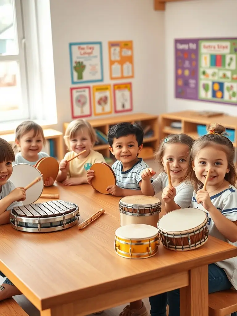A group of children participating in a music workshop led by members of BANDA DE LIMOS, showing them learning to play instruments and create music together.