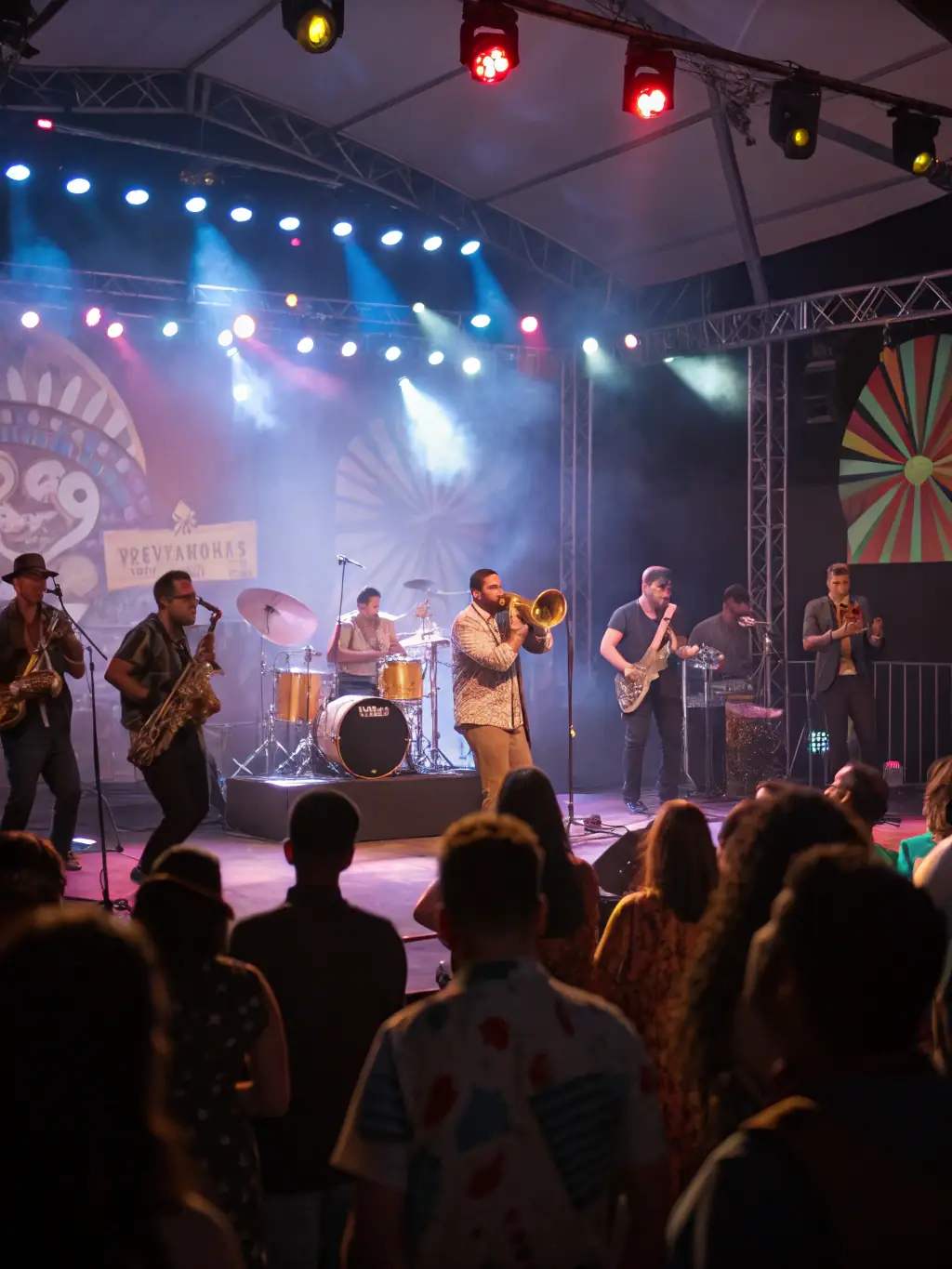 A vibrant photo of BANDA DE LIMOS performing at a local community festival, with diverse audience members of all ages enjoying the music and atmosphere.