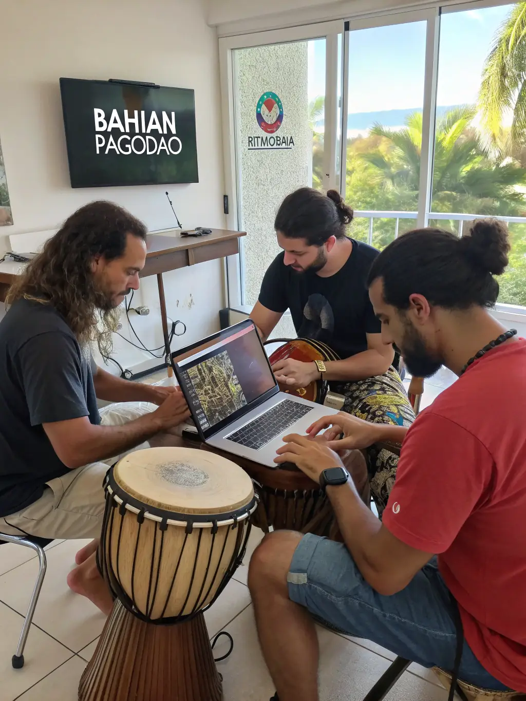 BANDA DE LIMOS members collaborating with local artists on a cross-cultural musical project, blending traditional and contemporary sounds.