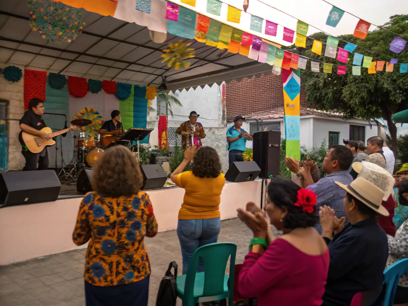 A dynamic image of BANDA DE LIMOS performing at a local community festival, with diverse audience members dancing and enjoying the music, highlighting the band's role in bringing people together through live performances.